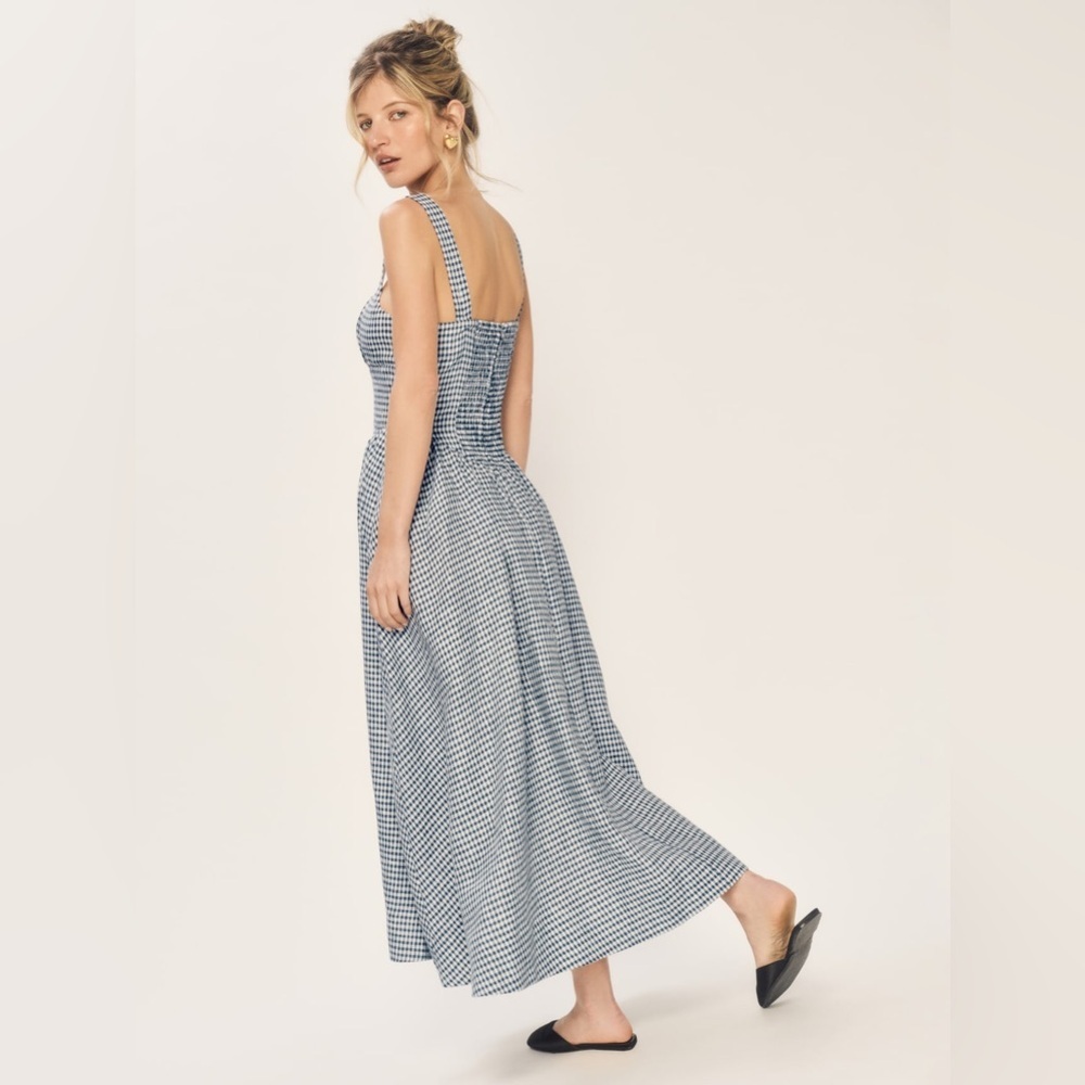 NEW Reformation Balia Midi Linen Dress in Slate Check Plaid Navy White  | size 2 - Picture 6 of 16